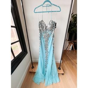 FAVIANA Women's Turquoise/Silver Sequin Tule Sleeveless Formal Dress size 12 NWT